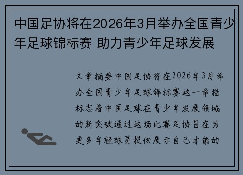 中国足协将在2026年3月举办全国青少年足球锦标赛 助力青少年足球发展